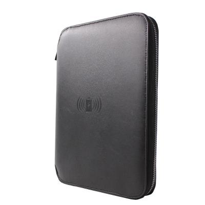 China 2022 New A5 Leather Phone Filler Folder With Wireless Zipper Power Bank Folder Phone Holder Folder For Business Office Men for sale