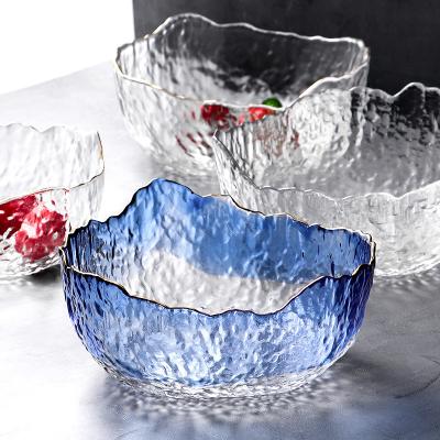 China 2021 Modern Hot Sale Fruit Bowl Dessert Salad Clear Hammered Gold Rim Glass Bowl for sale