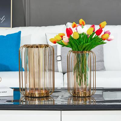 China Modern Nordic Luxury Home Decor Large Metal Birdcage Shape Flower Glass Vases for sale