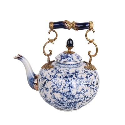 China New Chinese antique imitation ceramics with copper classic blue and white porcelain decorated teapot for sale