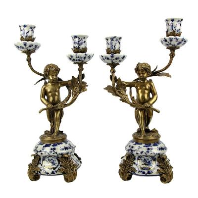 China Creative Home Decor Blue and White Porcelain with Copper Angel Candlestick Ceramics Crafts for sale