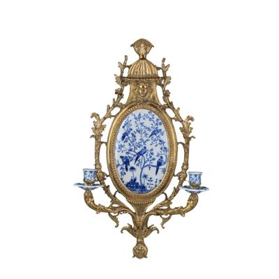 China Beautiful Metal Copper Candlestick Sets Art Blue And White Porcelain Classic Wall Hanging Candlestick for sale