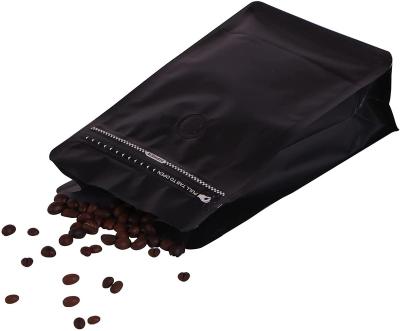 China Safety Coffee Bags With Valve 16oz/1lb Black High Barrier Aluminum Foil Flat Bottom Stand Up Empty Coffee Beans Storage Bag for sale