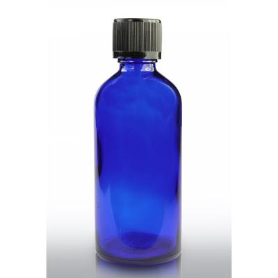 China Personal Care 100ml Blue Glass Dropper Bottle And 18mm Black Tamper Evident Cap for sale