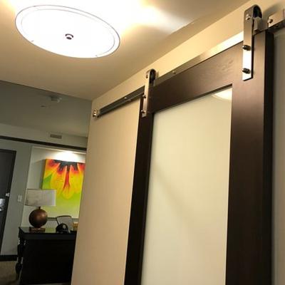 China Architectural Flush Modern Sliding Bathroom Wood Sliding Barn Door Wood Venner Or HPL Inserted Glass Panel for sale