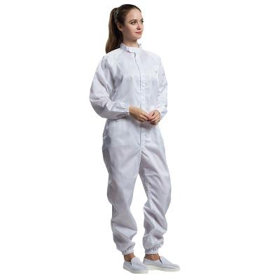 China Hot selling PPE reusable anti-static dust proof cleanroom coverall white color with conductive fiber for workshop for sale