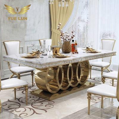 China Gold Eco-friendly Modern Dining Table Style Stainless Steel Furniture Marble Base Home Dining Table For Living Room for sale