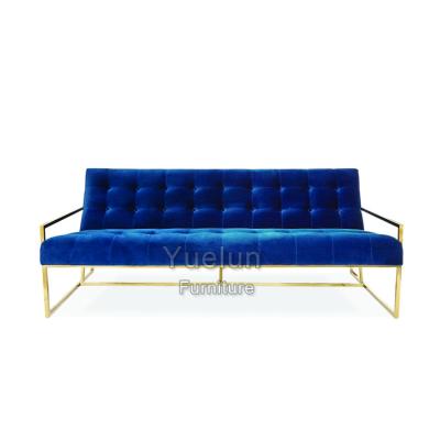 China Eco-friendly Blue Velvet Living Room Wedding Sectional Sofa Set With Gold Stainless Steel Frame for sale