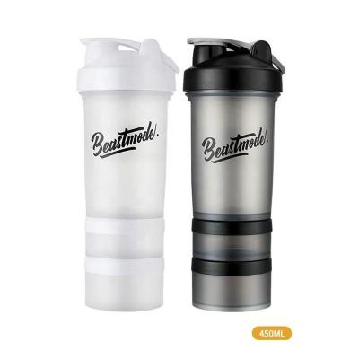 China Sustainable Sports Water Bottle Shaker With Powder And Pill Storage Cup 450ml Plastic Drinking Bottles For Protein Powder Gym Sports for sale