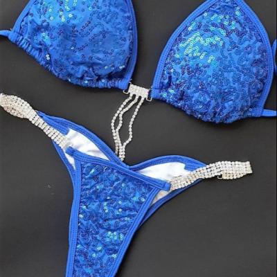 China Competition bikini blue polyester sequin bikinis wbff npc shiny laying bikini for sale