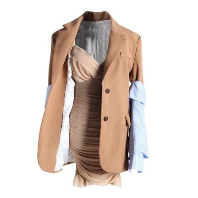 China Anti-Wrinkle Ladies Designer Two Piece Sleeve Blazer Ruffle Stretch Detachable Striped Dress Blazer Suit for sale