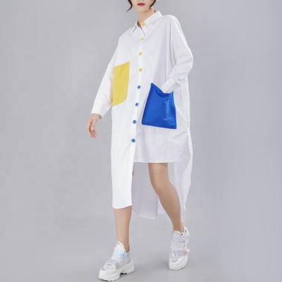 China Fashion Turn-Down Anti-Shrink Collar Fashion Long Sleeve Color Block Pocket Split Loose Oversized Long Shirt Dress for sale