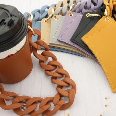 China 350ml Disposable Reusable Coffee Mug Holder Chain Sleeve Hanging Portable PU Leather Beverage Case Bag Milk Tea Beverage Cup Cover for sale