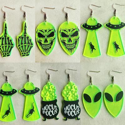 China TRENDY Hands Bones Skull Heads Witch Jars UFO Cow Fluorescent Green Acrylic Fashion Halloween Dangle Dangle Earrings for sale