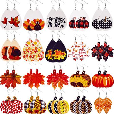 China Autumn Pumpkin Sunflower Maple Leaves TRENDY patterned leather earrings drop teardrop leather earrings for women thanksgiving jewelry for sale