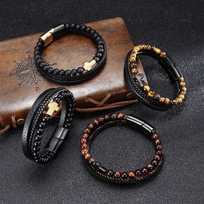 China Punk Cross Multilayer Braided Leather Rope Stainless Steel Jewelry Stainless Steel Buckle Titanium Magnetic Bracelet for sale