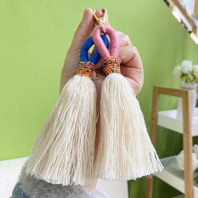 China Boho Trio Of Neon Colorful Tassel Cotton Key Chain Macrame Key Chain Straw Bag Purse Decor Boho Accessories Tassel Charm Chain for sale