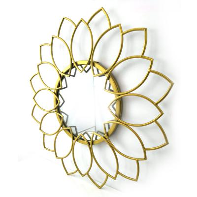 China Samll Acceptable Quantity 60cm Flower Shape Gold Metal Framed Wall Hanging Decorative Mirror For Living Room for sale