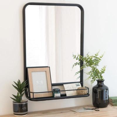 China Samll Quantity Acceptable Large Rectangle Black Metal Framed Wall Mirror With Shelf For Bathroom Decor for sale