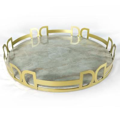 China 100% Artificial Handmade Round Gold Marble Metal Serving Trays with Holders for Home Decor and Hotel for sale