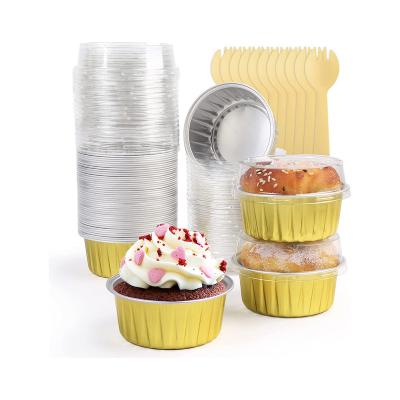 China Food Grade Gold Foil Eco-Friendly Baking Cups With Lids And Spoons, 5oz Disposable Cream Ramekins, Aluminum Cupcake Liners Containers for sale