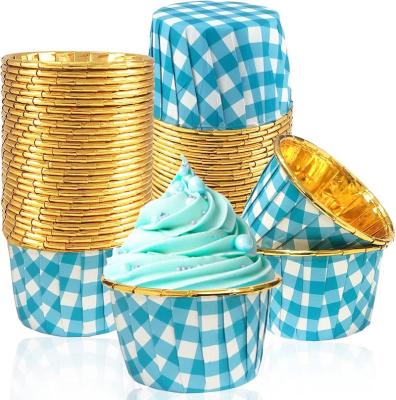 China Eco-Friendly Food Grade 50 Pack Gingham Foil Cupcake Baking Cups, Mini Cake Mold Cups Ramekins Plaid Holders 3.5 oz Gold Liners Muffin Wrappers for sale