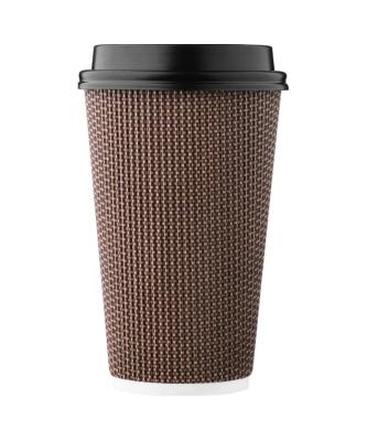 China 16 Ounce Biodegradable Disposable Coffee Cups, Insulated Double Walled Ripple Paper Cup With Lid, Geometric Brown, Tea Hot Chocolate Drinks To Go for sale