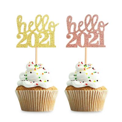 China 100% new brand and 2021 high quality glitter design cupcake toppers sparkle christmas party decoration happy new year cake toppers for sale