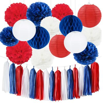 China Eco-Friendly Patriotic 4th July Tissue Paper Lanterns Red White Blue Tissue Paper Lanterns Decoration Pompom Party Supplies for sale