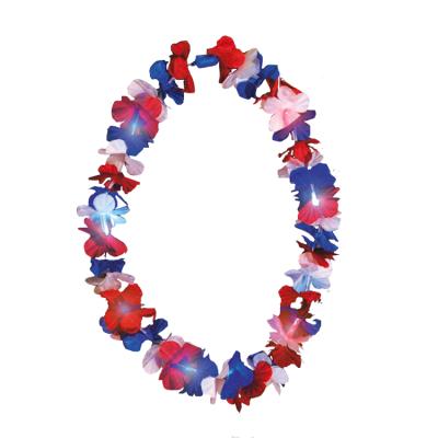 China Hot Selling Stretch Flower Headbands 4th of July and Memorial Day Flower Headbands White and Blue Led String Flower Hawaii Necklace for sale