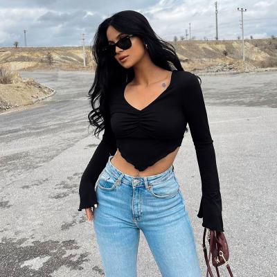 China Spring New Style Crop Top Anti-pilling Spring Long Sleeve Women's Backless Top Suit Solid Top Chain for sale