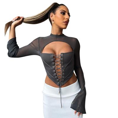 China 2023 Anti-Wrinkle Solid Fashion Casual Hollow Out Sleeve Bandage Women Long Lace Up T-shirt Mesh Corset Bustiers Crop Top for sale