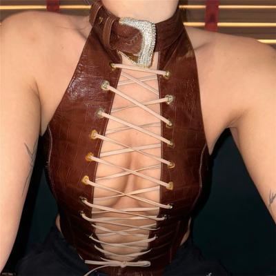 China Wholesale QUICK DRY PU Leather Bodycon Sexy Tops 2023 Fashion Backless Crop Tops For Women Bandage Corset Short Top for sale