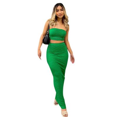 China High waisted casual strapless sexy crop top dress sheath chest wrap anti-pilling dress long skirt set two-piece high crepe backless for sale