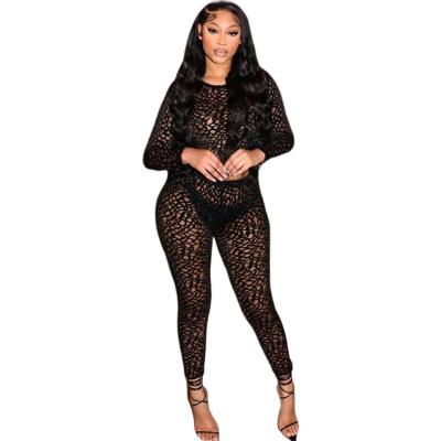 China QUICK DRY See Sexy Women Tracksuit Long Sleeve Bodycon Black High Waist Hollow Out Lady 2 Piece Set For Summer for sale