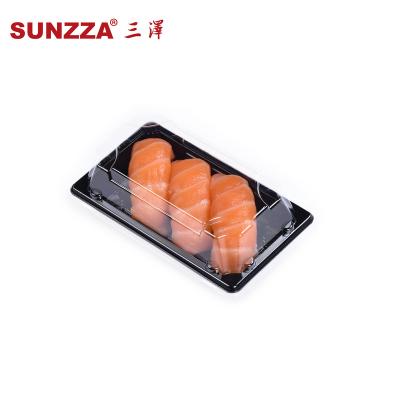 China Sunzza Classics 3pcs Pet Disposable Black Rectangular Take Away Togo Food Packaging Box Sushi Delivery Disposable Plastic Tray for sale