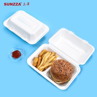 China High Quality Disposable Sunzza To Go Take Away Sugar Cane Clamshell 100% Compostable Biodegradable Pulp Bagasse Disposable Food Container for sale