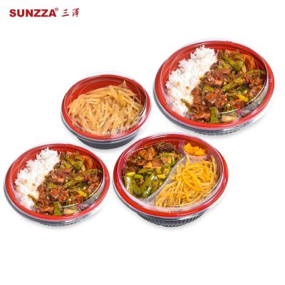 China Sunzza Disposable Plastic 700ml Salad Hot Soup Bowl Round Divided Food Container PP Take Out Bowl Red And Black With Lid for sale