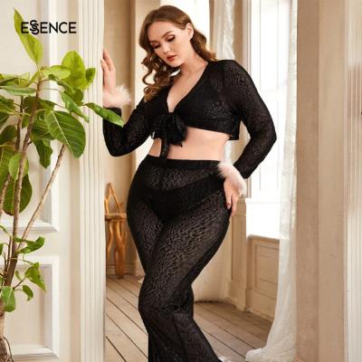 China Breathable Fuzzy Trim Knot Front Crop Mesh Top Plus Size And Pants Women Custom PJ Set for sale