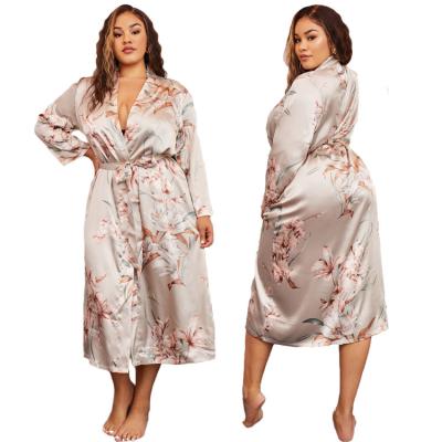 China Custom Luxury Silk QUICK DRY Plus Size Women's Sleepwear Self Tie Floral Satin Long Robe for sale