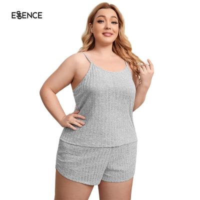 China Most Breathable Ribbed Knit Tie Cami Top And Front Shorts Nightwear Big Women Pajamas Set for sale