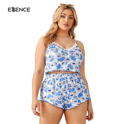 China 2022 Summer Breathable Plus Size Women All Over Cami Pajamas Set Floral Print Lace Trim Robe Lounge Wear for sale