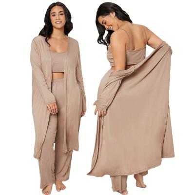 China QUICK DRY Plus Size Women's Pajamas Open Front Robe and 3 Piece Waist Women's Cami Top and Pants Set Custom Loungewear for sale