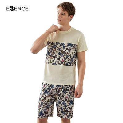 China Mens Breathable Mens Pajamas Tree And Animal Print Tee And Shorts Cotton Pajamas Set for sale