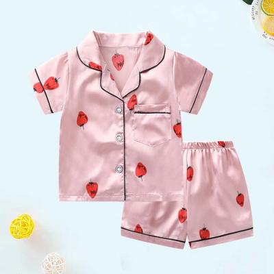 China Baby's Breathable Short Sleeve Comfortable Satin Pajamas Strawberry Contrast Trim Toddler Girls Sleepwear for sale