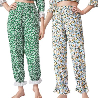 China Floral Print Ruffle Thermal Lounge Pants Bottoms Designer Cotton Pajama Pants Custom Women for sale