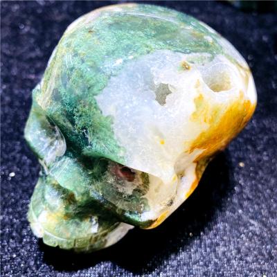 China China Wholsale Natural Gemstone Carved Druzy Crystals Head Skulls Healing Moss Agate Geode Skulls Fengshui For for sale