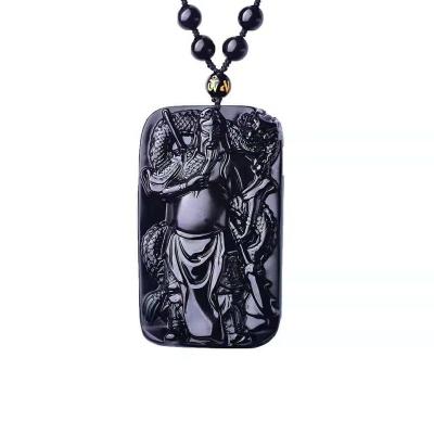 China Trendy Mexican Natural Obsidian Hand Carved Guan Gong Pendant Necklace for sale