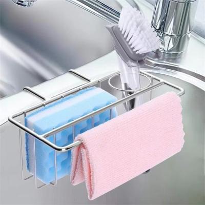 China OEM/ODM Design 2-in-1 Wall-Mounted Adhesive Kitchen Sink Organizer Stainless Steel Sponge 0Holder Dishwashing Brush Soap en venta