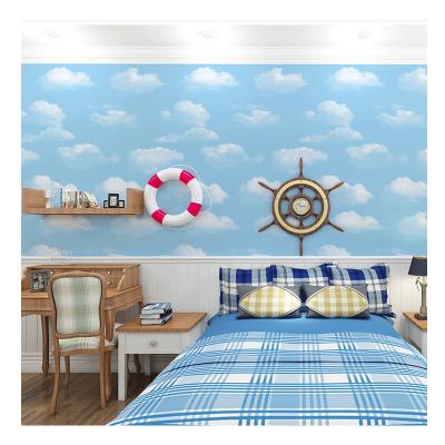 China Mediterranean blue sky and pink clouds wallpaper for living room bedroom interior wall decoration children's room white non-woven girl's room for sale